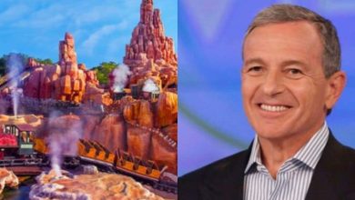 A split image shows a colorful theme park train ride with rocky formations on the left, and a smiling man in a suit and striped shirt on the right, standing against a blue background.