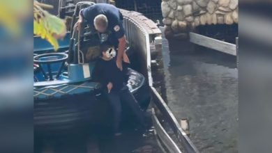 A firefighter holds a child who jumped out of his Grizzly River Run ride vehicle at Disneyland Resort.