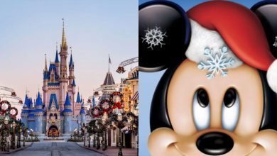 A decorated Disney castle with holiday wreaths on lamp posts is shown on the left, and a close-up of Mickey Mouse wearing a Santa hat with a snowflake on his forehead is on the right.