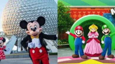 Split image: Left side shows Mickey and Minnie Mouse posing in front of EPCOT's Spaceship Earth; right side features Mario, Princess Peach, and Luigi in Epic Universe's SUPER NINTENDO WORLD