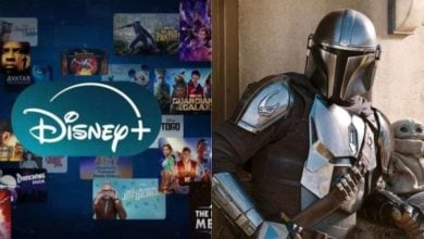 Split image: On the left, the Disney+ logo with thumbnails of popular movies and shows; on the right, the Mandalorian in armor holds Grogu (Baby Yoda) from the Star Wars series.
