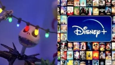 On the left, a skeleton character from "The Nightmare Before Christmas" holds colorful holiday lights. On the right, the Disney+ logo appears over a collage of various movie and TV show covers.