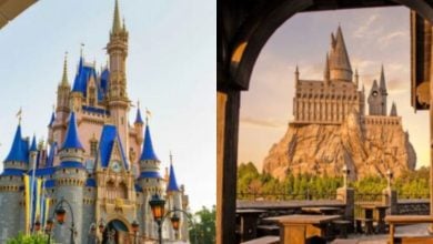 split image with Cinderella Castle in Magic Kingdom on the left and Hogwarts castle in Universal's Islands of Adventure park on the rigth