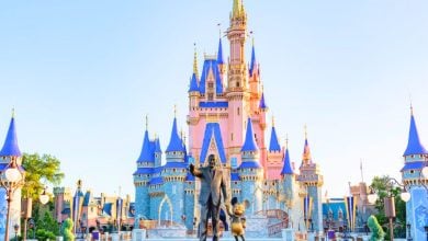 Cinderella Castle and Walt Disney statue in Disney World's Magic Kingdom park