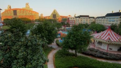 A view of the Walt Disney World Swan and Dolphin hotel from a room at Disney's BoardWalk Inn.