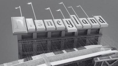 Black and white photo of the Disneyland marquee.