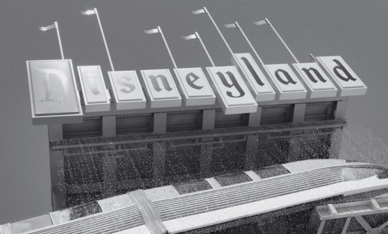 Black and white photo of the Disneyland marquee.