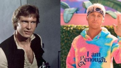 A split image shows a man with brown hair in a black vest and beige shirt on the left, and a man with blond hair in a colorful hoodie that says "I am Kenough," waving and wearing a headband, on the right.