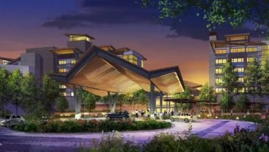 Concept art for the outside of Disney's Lakeshore Lodge.