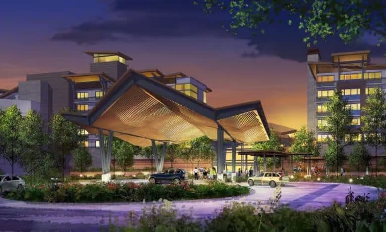 Concept art for the outside of Disney's Lakeshore Lodge.