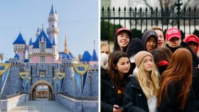 Left: Sleeping Beauty Castle at Disneyland Park. Right: A group of people in MAGA hats in front of the White House.