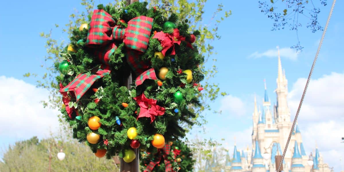 A wreath on Main Street USA, at Magic Kingdom Park, during Christmas.