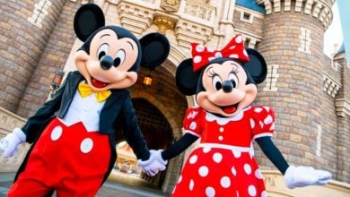 Mickey Mouse and Minnie Mouse in front of Cinderella Castle at Tokyo Disneyland.