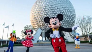 Mickey Mouse, Minnie Mouse, Goofy, and Donald Duck pose in front of spaceship earth in Disney World's EPCOT park. Disney World 2027 ticket prices.