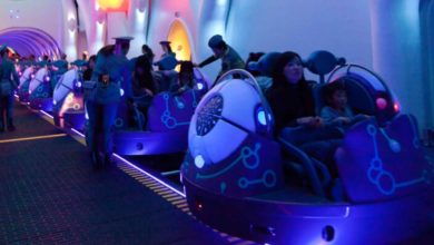 Guests board Space Fantasy – The Ride at Universal Studios Japan