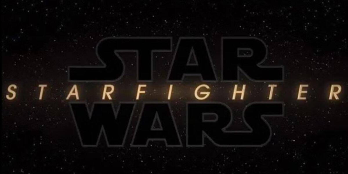 Star Wars: Starfighter" logo with "Starfighter" in glowing yellow letters, overlaid on the classic Star Wars title, set against a starry space background for a true Star Wars experience.