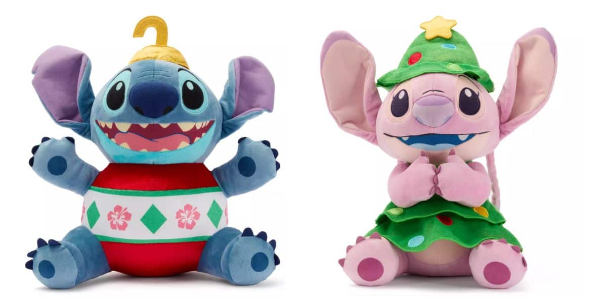 Two plush dolls from the Disney Store: left, a blue Stitch wearing a red and white ornament outfit with a gold hook hat; right, a pink Angel dressed as a Christmas tree with a green hat and yellow star on top.
