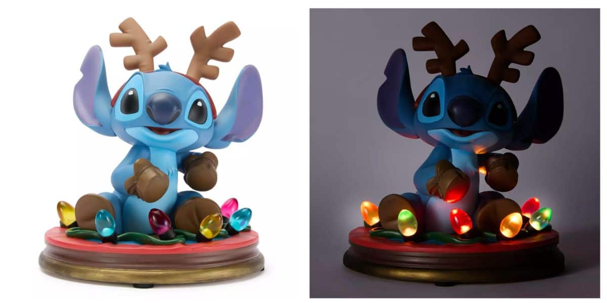 A Disney Store figurine of Stitch from "Lilo & Stitch" features reindeer antlers and colorful Christmas lights; one photo displays the lights off, the other shows them illuminated, both on a round base.