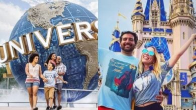 split image with Universal guests in front of spinning globe on the left and Disney adults in front of Cinderella Castle on the right