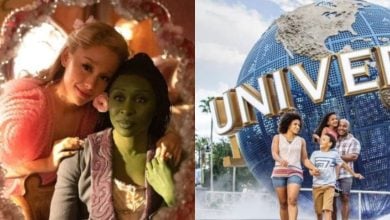 Split image: On the left, two women in costume, one with green skin, in a warmly lit setting. On the right, a family of four walks happily near the large Universal globe at a theme park.