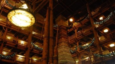The lobby of Disney's Wilderness Lodge at Christmas.