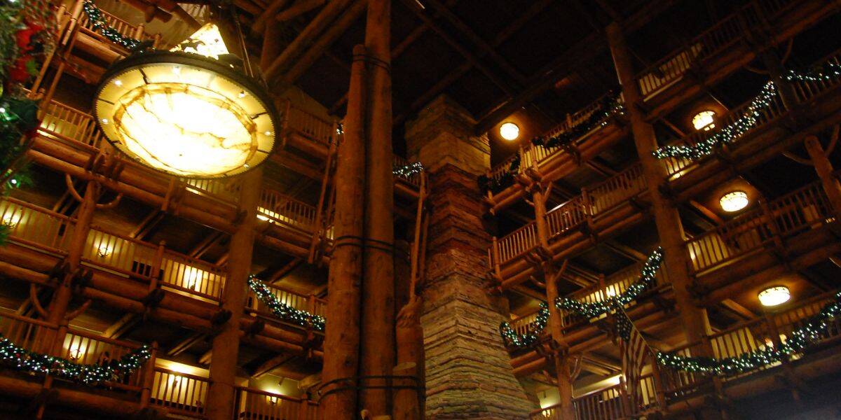 The lobby of Disney's Wilderness Lodge at Christmas.
