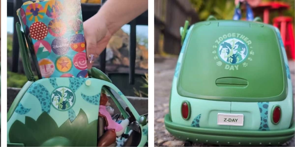A green toy car decorated with colorful animal prints and the words "ZOOGEATHER DAY" on top. One image shows a hand placing cardboard inside, while the other shows the back with a license plate reading "Z-DAY.