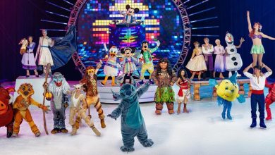 Disney On Ice stars glide in dazzling costumes with DJ Mickey Mouse, capturing Disney+ excitement in a lively arena spectacle.