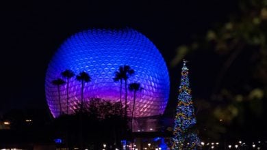 Spaceship Earth with glowing Christmas tree in EPCOT