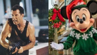 split image: on the left, Bruce Willis in 'Die Hard.' on the right, mickey mouse in a christmas sweater