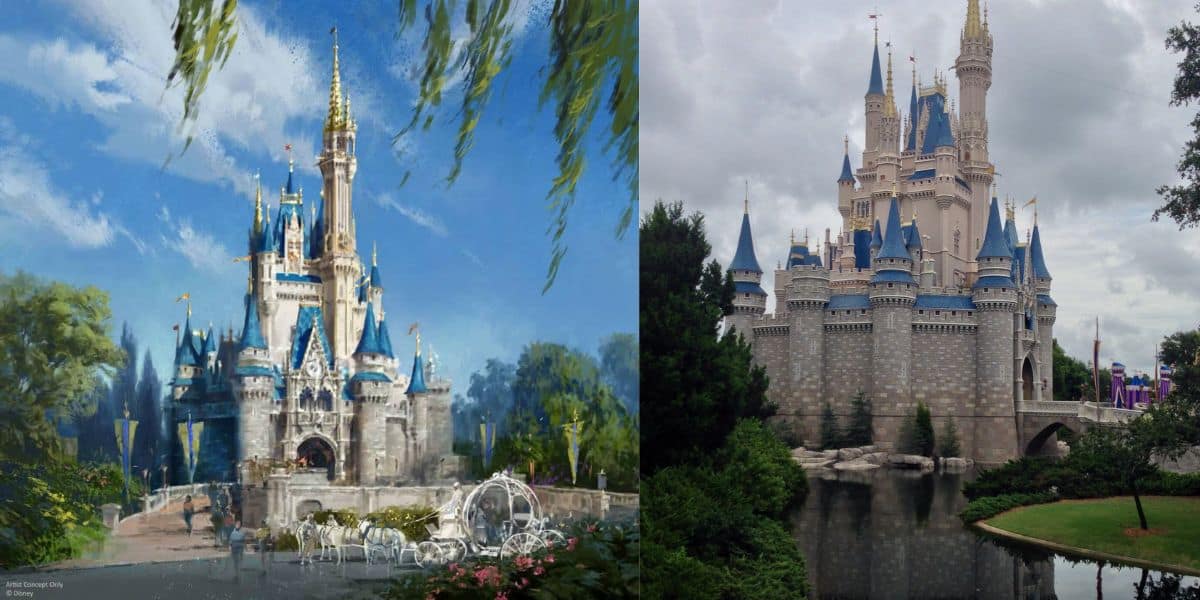 Split image: left features an iconic Disney castle illustration, right reveals the real-life castle at a Disney park under cloudy skies.