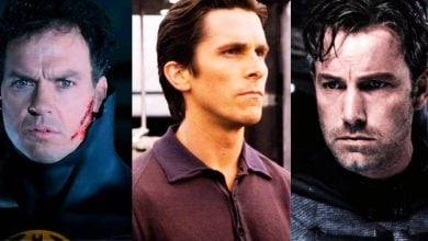 Split image of different Bruce Wayne portrayals: Michael Keaton on the left in 'Batman Returns', Christian Bale in the middle in 'The Dark Knight', and Ben Affleck on the right in 'Batman v Superman'