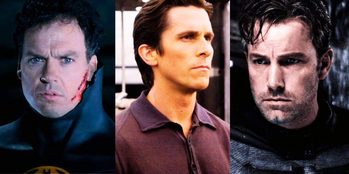 Split image of different Bruce Wayne portrayals: Michael Keaton on the left in 'Batman Returns', Christian Bale in the middle in 'The Dark Knight', and Ben Affleck on the right in 'Batman v Superman'