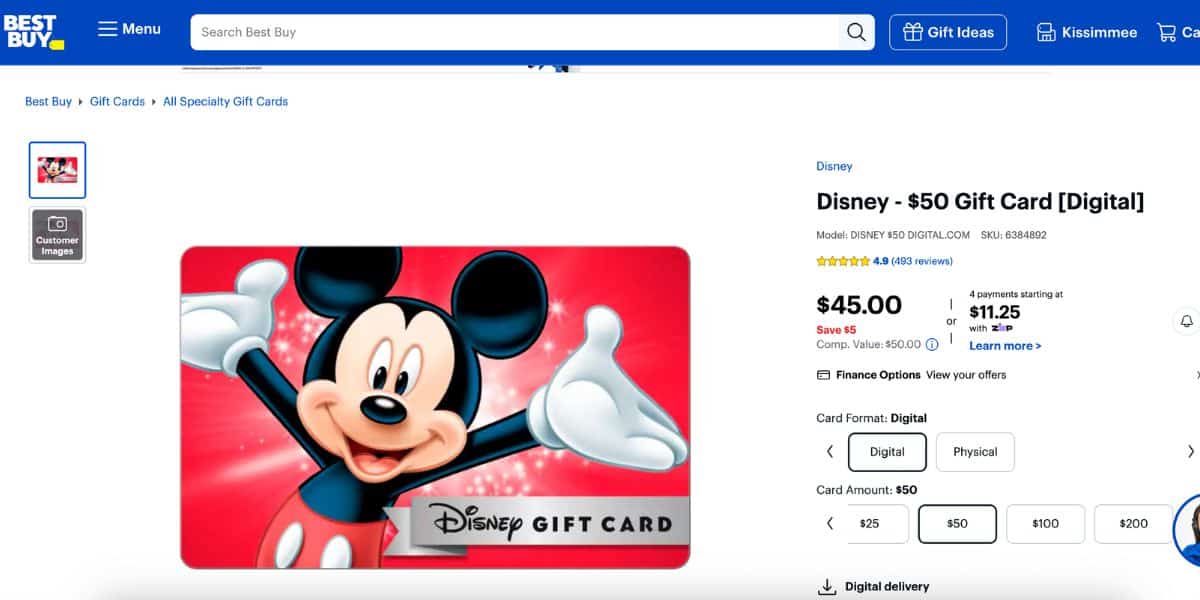 A $50 Disney gift card with Mickey Mouse on it is showcased for sale on Best Buy’s website—ideal for park fans and holiday gifts.