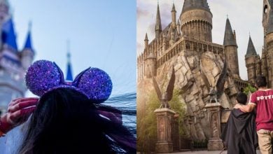 a split image. on the left, a female guest wears purple sparkling mickey ears in front of disney world's cinderella castle. on the right, two universal guests stand in front of hogwarts castle