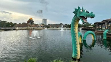 A LEGO sea monster in the water at Disney Springs