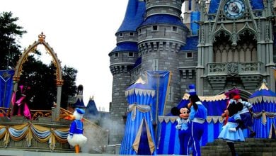 Mickey Mouse, Donald Duck, and friends during a show in front of Cinderella Castle at Magic Kingdom Park.