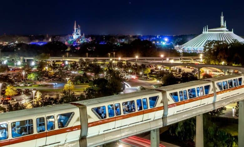 wide shot of Disney World's monorail gliding through Magic Kingdom