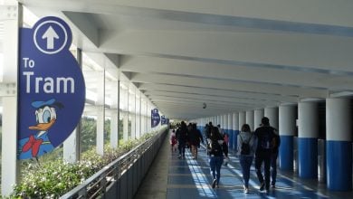 A parking garage walkway to the tram at Disneyland Resort.