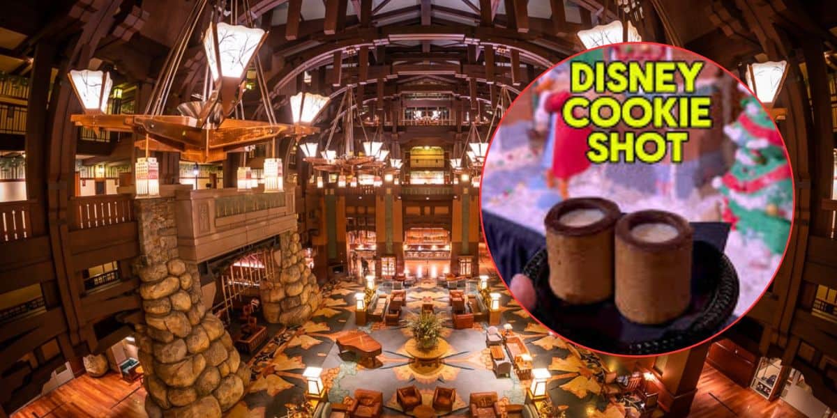 The cozy Wilderness Lodge lobby at Disney, with rustic decor and a close-up of two Disney Cookie Shots featured.