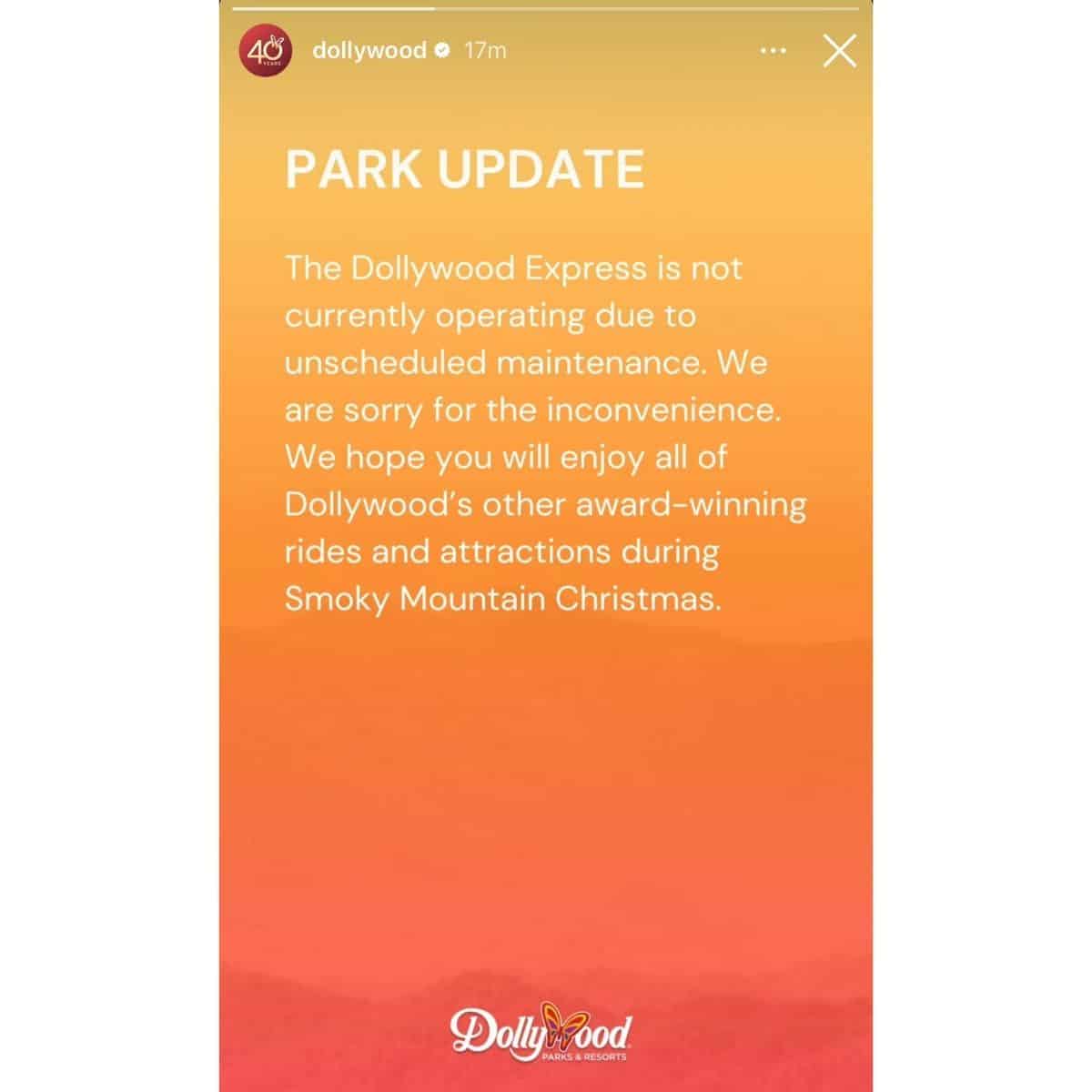 A press release explaining that the Dollywood Express is temporarily closed for maintenance