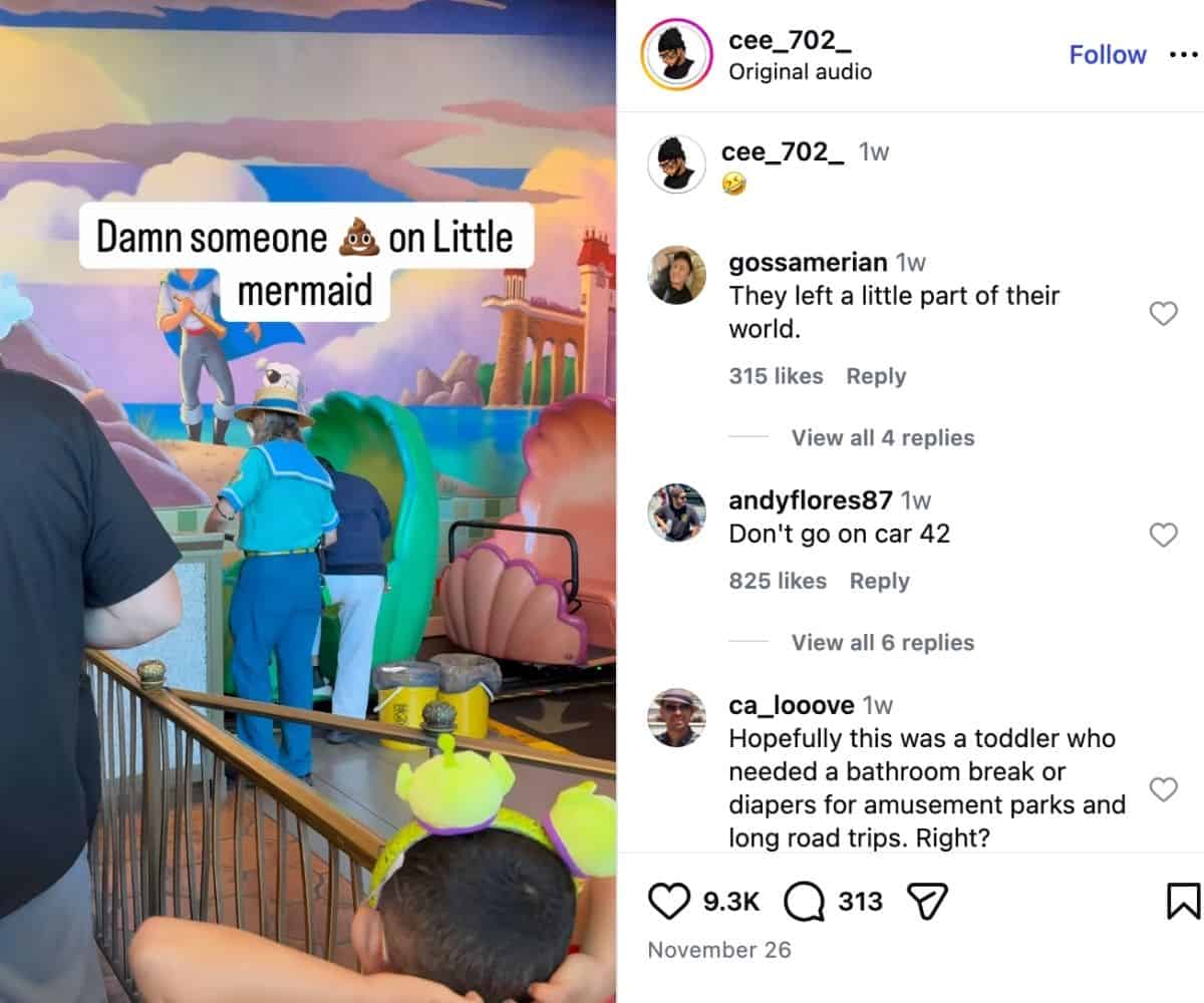 Screenshot from a video of Disney cast members cleaning up feces on a Disney World ride