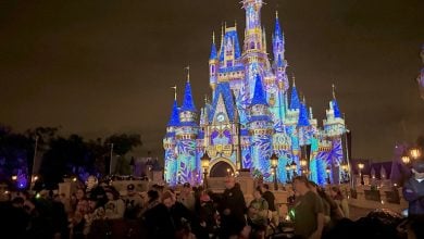 Guests gather after dark as Cinderella Castle glows with dazzling, colorful lights at Magic Kingdom.