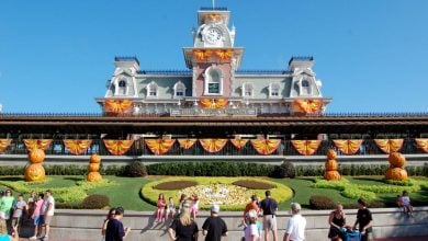 The Magic Kingdom entrance decked out with pumpkins and orange Halloween banners.