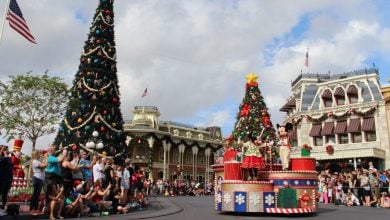 Mickey and Minnie in Mickey's Once Upon A Christmastime Parade at Magic Kingdom Park.