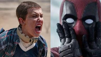 split image of Eleven from Stranger Things screaming (Millie Bobby Brown) on the left and Marvel's Deadpool (Ryan Reynolds) with shocked expression on the right