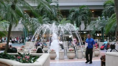 The fountain in the lobby of the Orlando International Airport.
