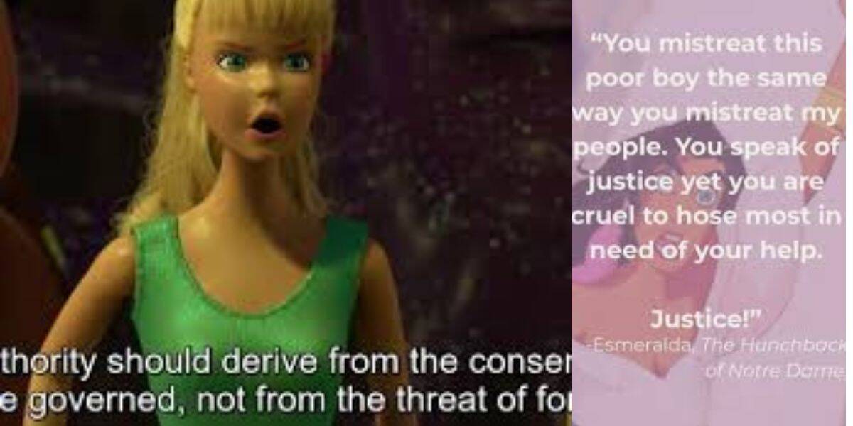 Animated blonde doll, looking upset during a parade, gestures beside signs quoting classic theme park values of justice and fairness.
