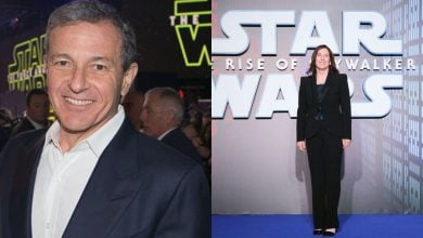 Disney CEO Bob Iger and Kathleen Kennedy in front of 'Star Wars' logos at events