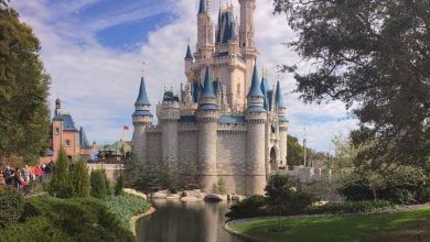 Cinderella Castle as seen from the side, reflecting in the moat.